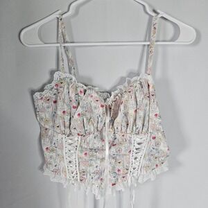 SHEIN Floral Lace Up Floral Corset Cami Top Adjustable Straps Ruched‎ Crop Large